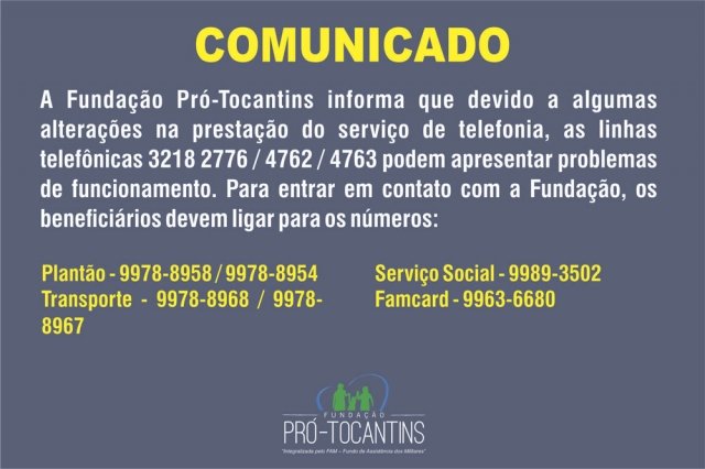 COMUNICADOS – PROBLEMAS NAS LINHAS TELEFÔNICAS